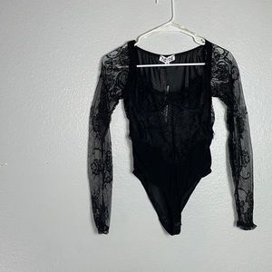 Tied To You Black Lace Long-Sleeve Bodysuit
